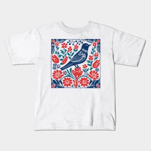 Norwegian Folk Art Pattern with Flowers and Bird Kids T-Shirt